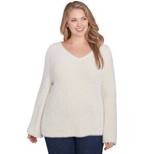 HEARTS OF PALM Plus Size 1X To Shine Eyelash V-Neck Sweater Ivory Gold MSRP $62